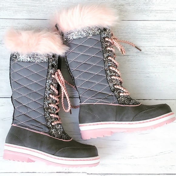 Justice Other - Justice Silver Glitter & Pink Faux Fur Snow Boots